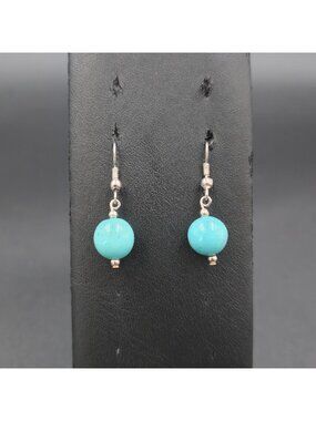 Silver Plated Minimalist Blue Stone Ball Dangle Earrings A7428